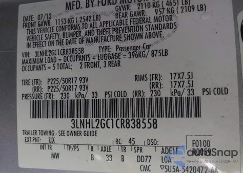 2012 Lincoln Mkz z USA, uszkodzony, nr VIN 3LNHL2GC1CR838558